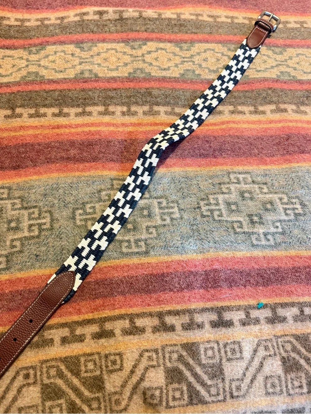 Brooks Brothers Navy White Woven Belt Brown Leather Size S